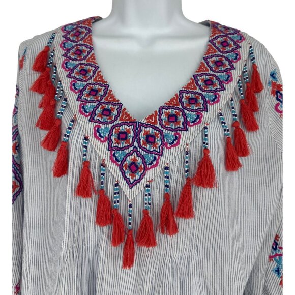 Chico's Peasant Embroidered Striped Blouse with Tassels Size 1 US M - Picture 2 of 10